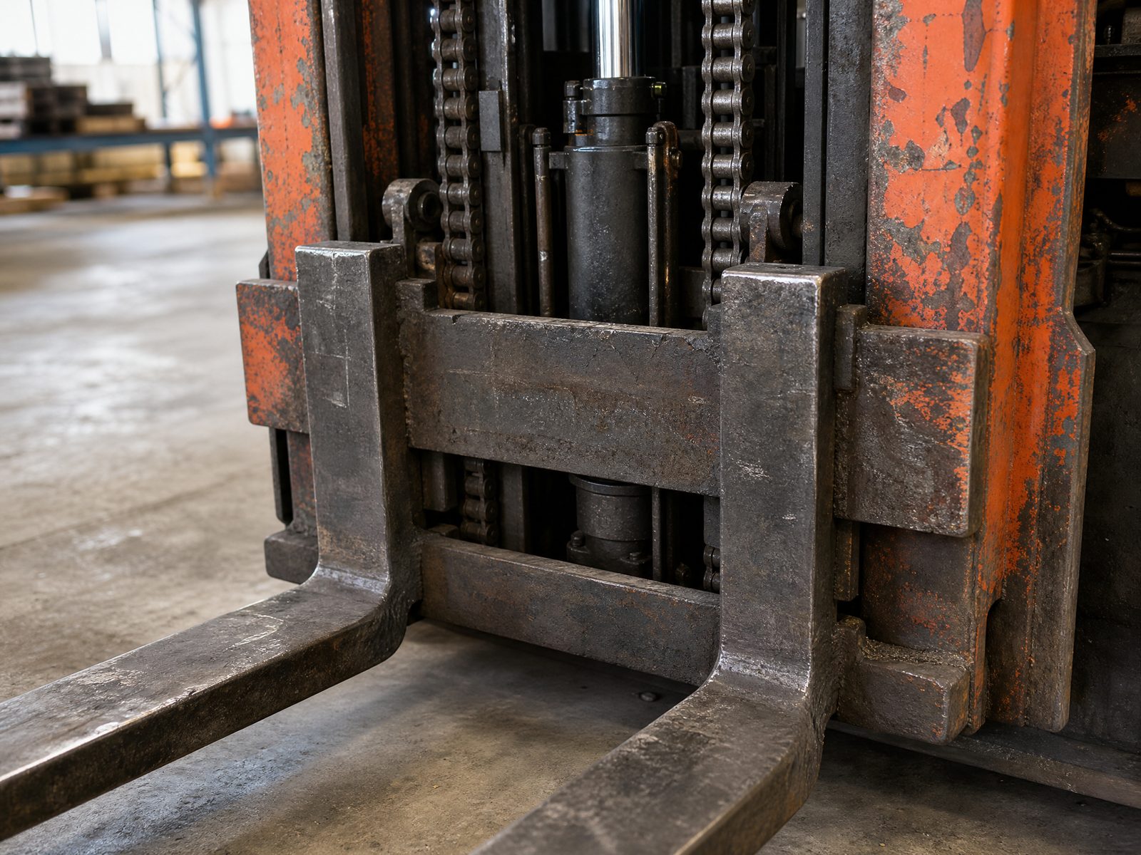 Close-up of a forklift mast, carriage, and data plate used to quote an offer from photos