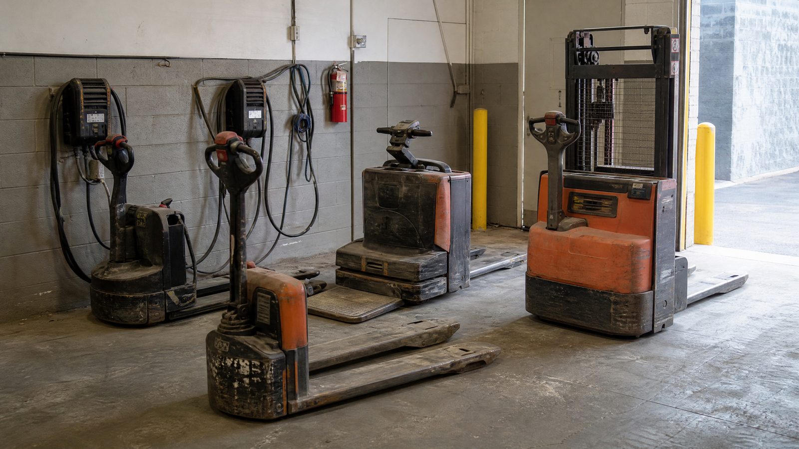 Electric walkie pallet jacks and a walkie stacker with wall chargers purchased from a warehouse