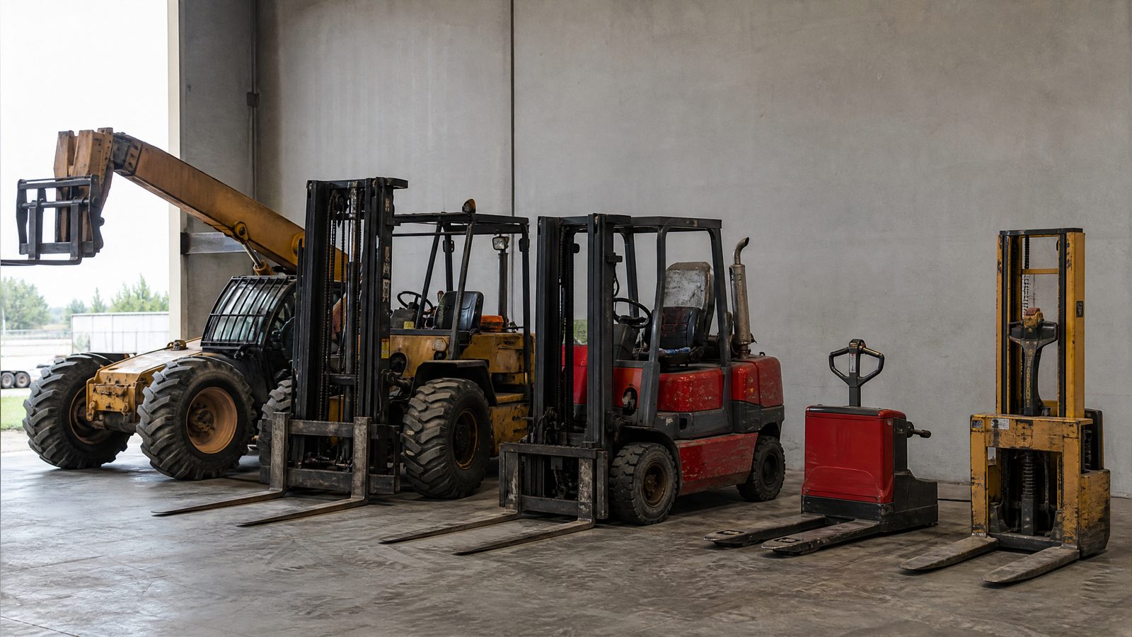 Lineup of forklift types we buy: telehandler, rough terrain, cushion tire, pallet jack, and walkie stacker