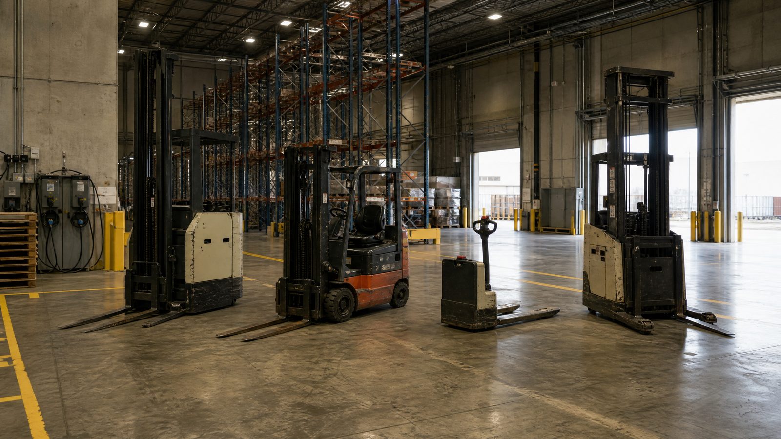 Warehouse forklift fleet including reach trucks and an electric pallet jack purchased in one deal
